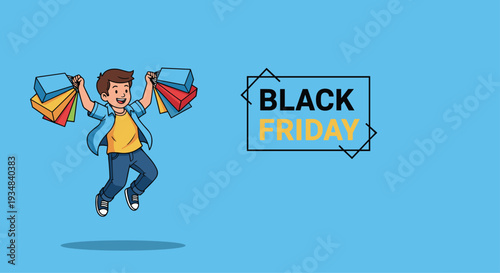 Excited young boy jumping for joy while holding several colorful shopping bags to celebrate Black Friday sales on a plain blue background.