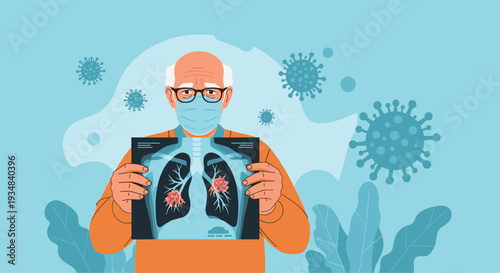 Elderly man wearing a face mask and holding a chest X-ray showing lung infection or pneumonia with coronavirus icons in the background.