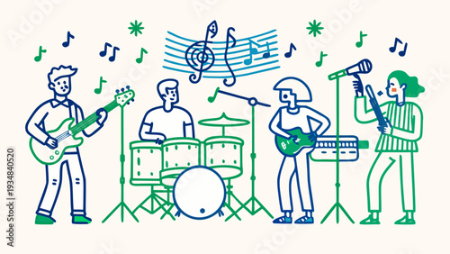 Vector illustration in line art style: musical group with instruments isolated on white background