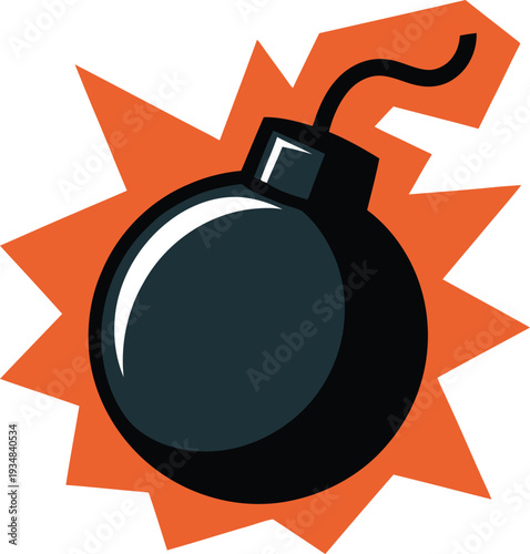Cartoon bomb with orange explosion starburst behind it on white background