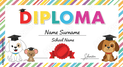 School diploma certificate template featuring cute dogs and a mouse wearing graduation caps with a colorful striped border for children.