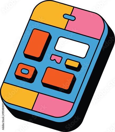 Colorful cartoon remote control device with buttons and screen isolated on white background