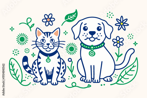 Cute cat and dog line art illustration with hearts and flowers