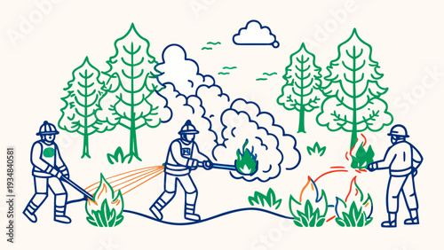 Firefighters Extinguishing Wildfire in Forest - Line Art Illustration of Emergency Service, Environmental Protection and Heroic Community Lifestyle