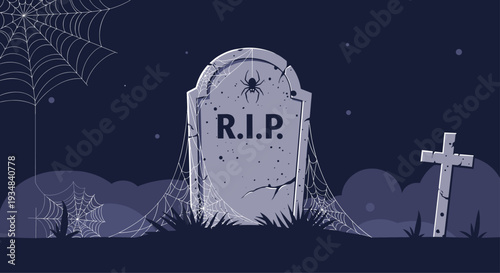 Spooky graveyard scene at night featuring a large stone tombstone with the text RIP surrounded by spider webs and a small wooden cross.
