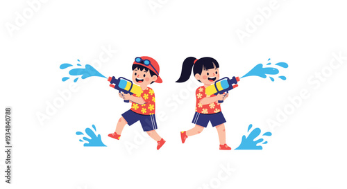 Two young children wearing floral shirts happily playing with water guns during the Songkran festival or a fun summer water fight event.