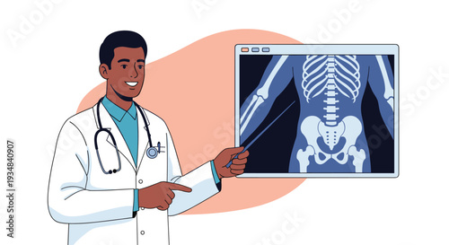 Professional doctor wearing a white coat and stethoscope pointing at a skeleton X-ray image on a computer screen to explain medical information.
