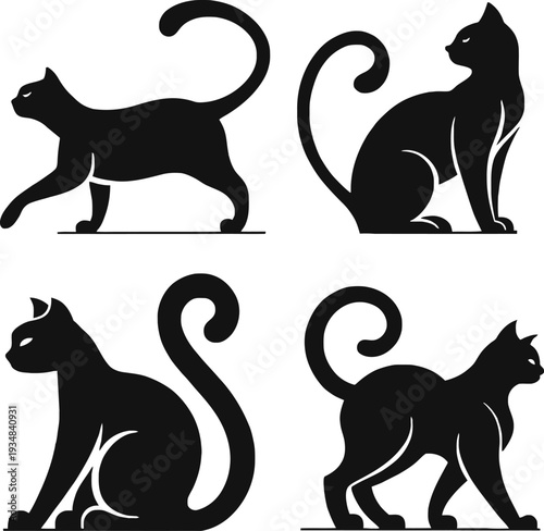 Set of black cat silhouette logo designs in different poses. Suitable for pet shop branding, veterinary clinics, animal care services, grooming businesses, and feline product packaging.