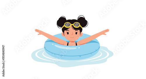 Happy young girl with goggles and pigtails floating in a blue swimming ring in a pool or the ocean during a fun summer vacation trip.