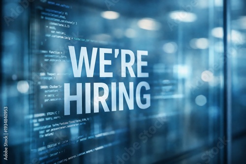 Wallpaper Mural We're hiring text on blue background with coding screen recruitment concept with bokeh lights Torontodigital.ca