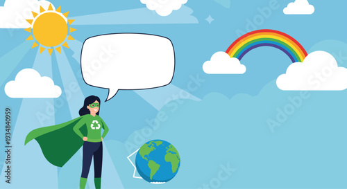 Superhero woman wearing a green costume with a recycling symbol standing next to the Earth in a bright landscape with a rainbow and clouds.