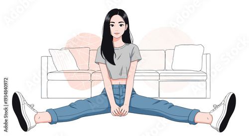 Stylish young woman with long black hair sitting on the floor in a relaxed pose wearing a crop top and jeans in a simple living room setting.