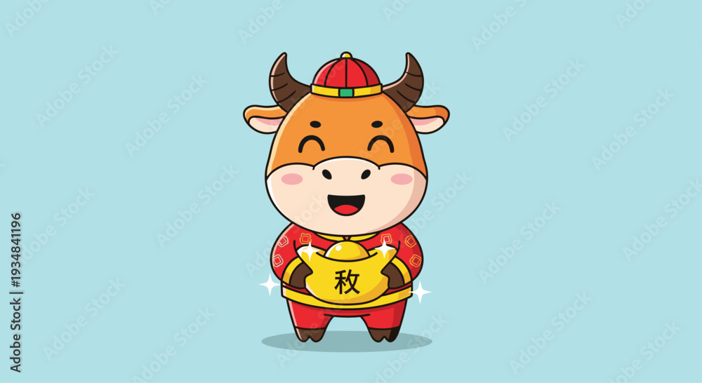 Naklejka premium Happy cartoon ox dressed in traditional red clothing holding a large gold ingot to celebrate the Chinese Lunar New Year.