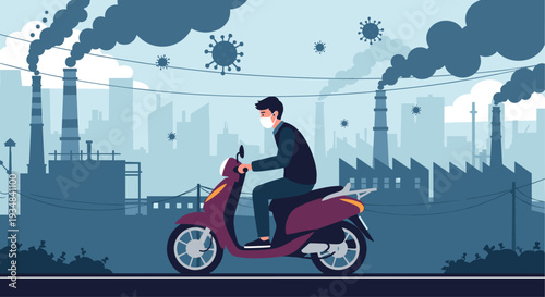 Man wearing a face mask while riding a scooter in a city with heavy industrial pollution and dark smoke from several factory chimneys.