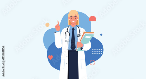 Professional female doctor wearing a white coat and stethoscope holding files and pointing her finger upwards to give important medical advice.