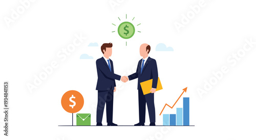 Professional businessmen shaking hands to seal a deal with financial growth charts and money icons in the background.