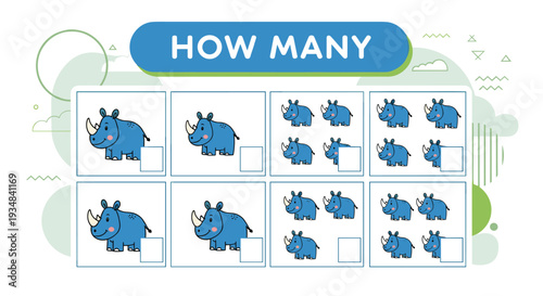 Educational mathematics worksheet for kids featuring cute rhinoceros characters to help children learn how to count numbers.