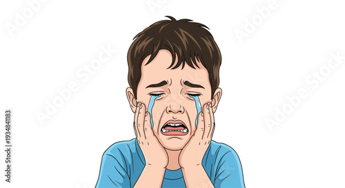 Close-up illustration of a young boy crying with large blue tears and a distressed expression on a white background.