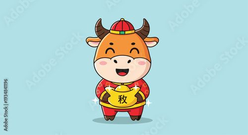 Happy cartoon ox dressed in traditional red clothing holding a large gold ingot to celebrate the Chinese Lunar New Year.