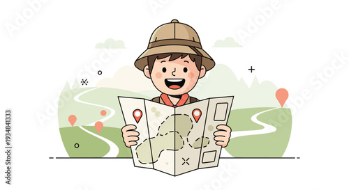 Adventurous young boy wearing an explorer hat and scarf holding a paper map with mountains and paths in the background.