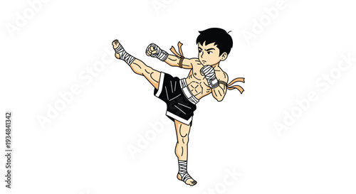 Young boy dressed in muay thai shorts and hand wraps performing a powerful martial arts high kick on white background.