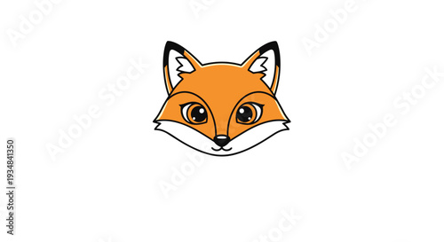 Simple and cute illustration of a fox head with large brown eyes and orange fur isolated on white background.