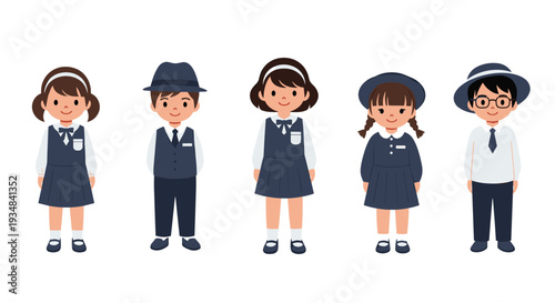 Group of diverse elementary school children standing together while wearing their navy blue and white school uniforms.