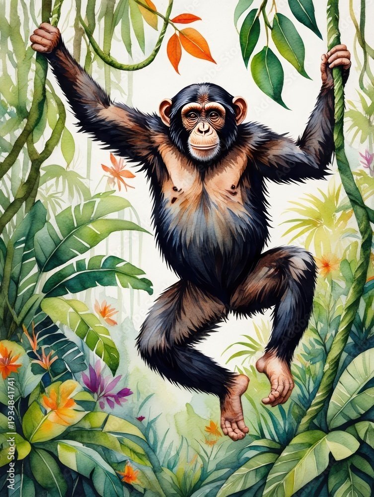 Fototapeta premium Chimpanzee Swinging Through Lush Jungle