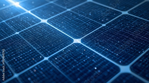 Blue Solar Panel Cell Grid Close-Up with Sun Flare for Clean Energy