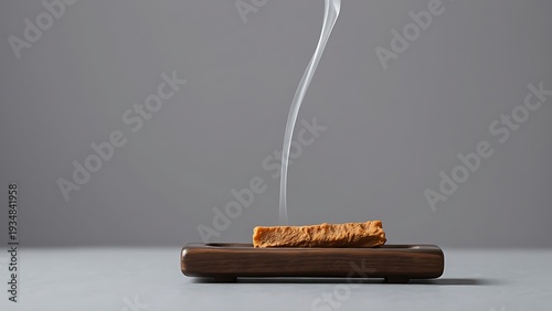 tolerable. Raw frankincense resin burning on dark wood, thin gray smoke rising. event programs, museum guides, designed for cultural heritage projects and event programs, used by interior designers.