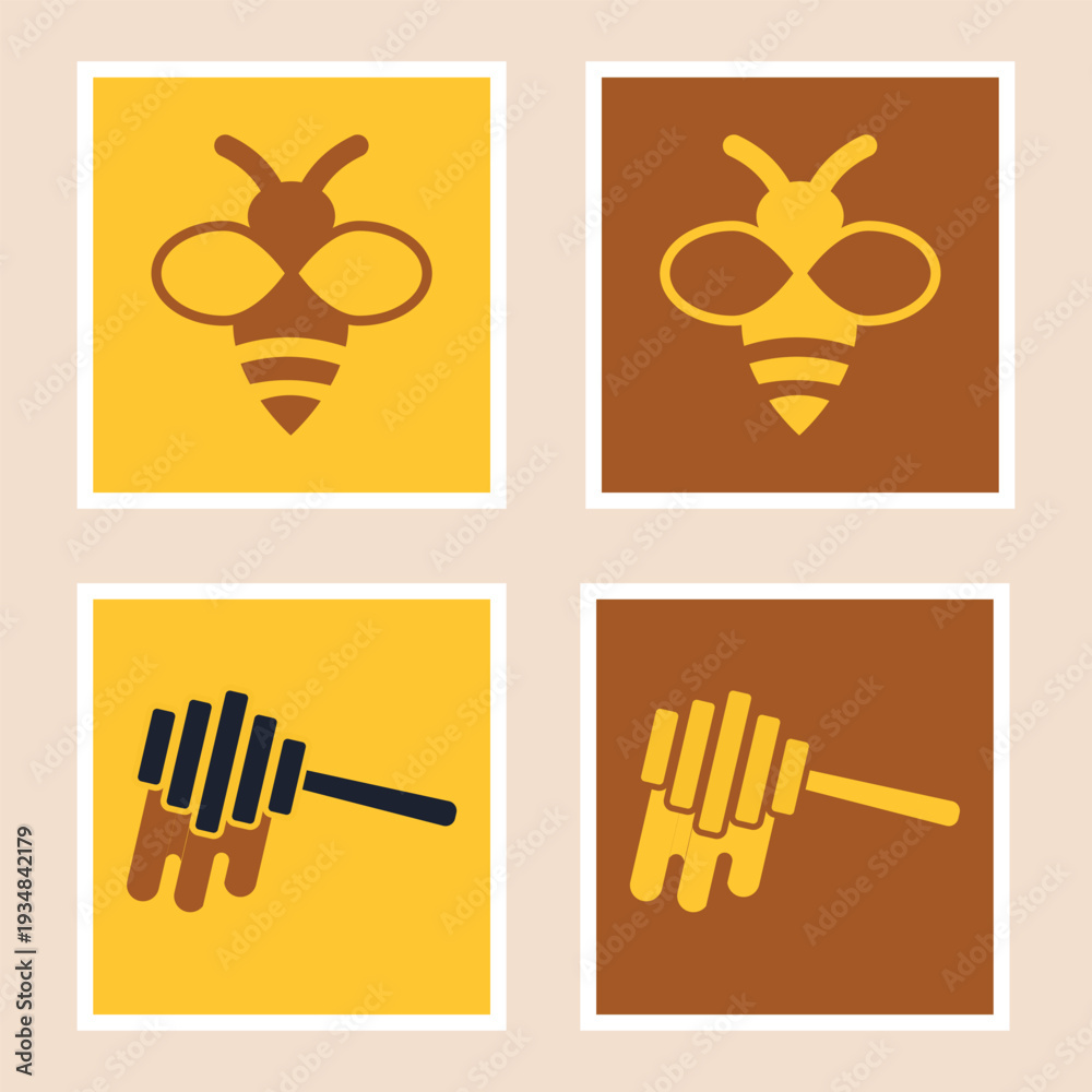 Fototapeta premium Minimal Honey Bee and Honey Dipper Icon Set in Flat Vector Style