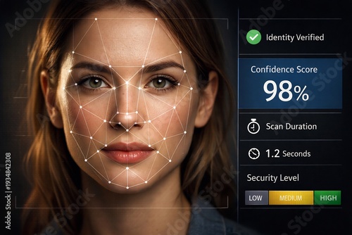 Wallpaper Mural Woman's face with facial recognition scan and high confidence score on dark background Torontodigital.ca