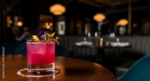 Elegant Pink Cocktail with Flower Garnish in Upscale Bar