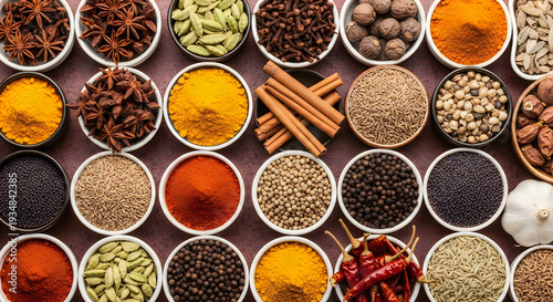 Assorted whole spices and dried herbs in small bowls for culinary use