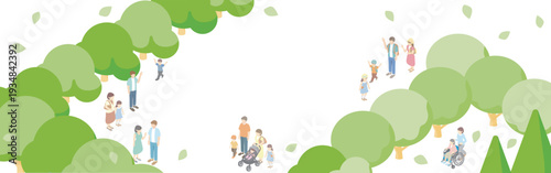 sometric Illustration of People in a Lush Summer Park. Concept for Urban Development, Welfare, and Family Travel