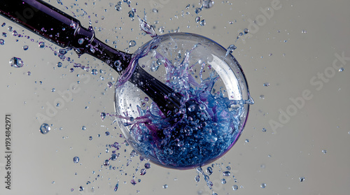 Extreme macro photography captures a chemical reaction in which a dark substance injected into a bubble causes it to burst and release particles, indicative of cell division or the emergence of new li