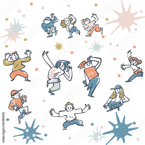 ドレッドヘアやキャップなど多様な髪型・服装の子供たち10名が踊る、星や四角のアイコンを散りばめたLo-Fiな手書き質感のダンススクール向けベクターイラストセット
