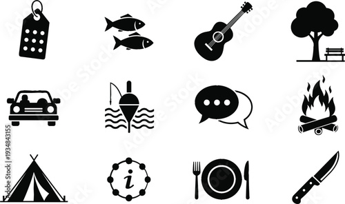 Set of 12 Outdoor and Lifestyle Silhouette Icons Including Camping, Fishing, Music, Travel, and Communication Symbols