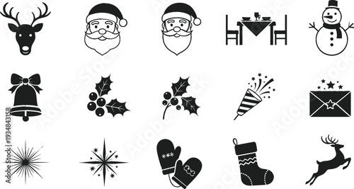 Set of 16 Christmas Silhouette Icons Featuring Santa, Reindeer, Snowman, Bells, and Holiday Decorations for Festive Design Themes
