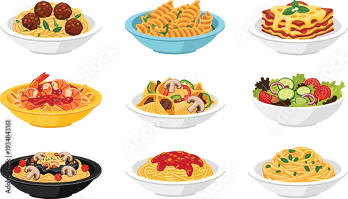 Italian Pasta and Salad Vector Set with Spaghetti, Lasagna, Shrimp Pasta, Mushroom Penne, Fresh Vegetable Salad and Classic Sauces