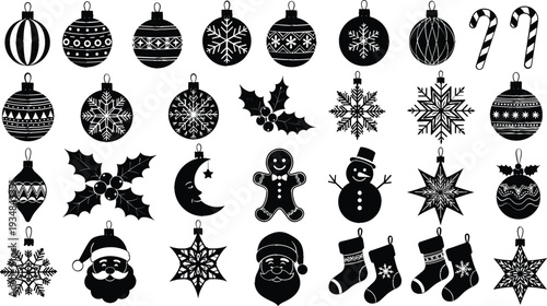 Set of 30 Christmas Silhouette Ornaments Including Baubles, Snowflakes, Santa, and Holiday Decorations for Festive Design Themes