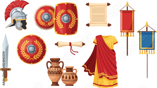 Ancient Roman empire collection, legionary armor weapons shields banners scrolls, classical warrior equipment illustration, historical military cartoon vector set