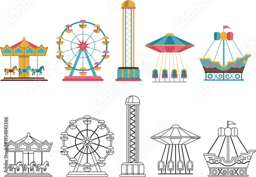 Amusement park rides vector illustration set, colorful carnival attractions including ferris wheel carousel swing ride drop tower theme entertainment icons