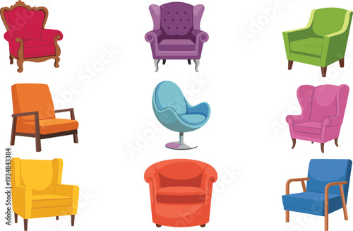 Armchair furniture vector illustration set, colorful modern classic chairs collection isolated interior design seating decor home living room icons