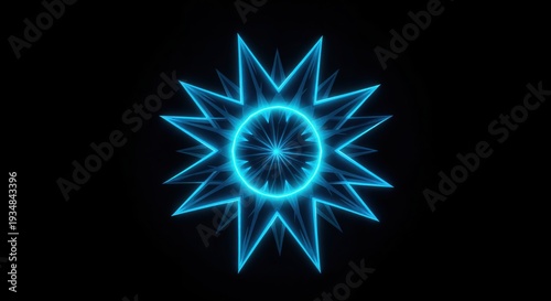 Celestial Neon Design: A captivating image featuring an radiant, electric blue neon design of a sun or star on a black background.