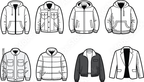 Black and white jacket and hoodie collection, winter outerwear apparel line art vector illustration isolated background