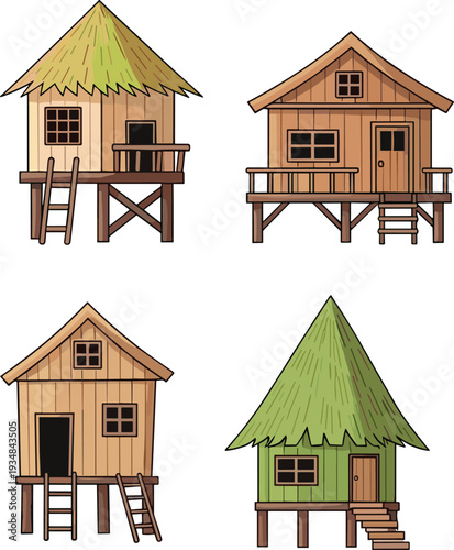 Cartoon wooden treehouse collection, rustic stilt cabins with thatched roofs, tropical village huts illustration set, isolated fantasy houses