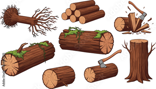 Cartoon wooden logs and tree stump set, chopped timber, axe cutting wood forestry illustration collection isolated