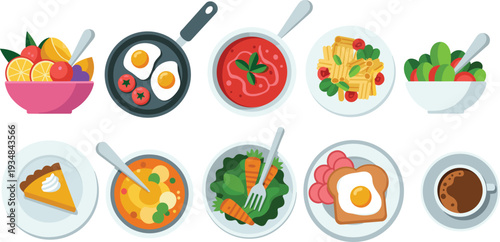 Colorful flat lay breakfast and healthy food collection, vector illustration of fruits eggs soup pasta salad coffee and dessert assortment