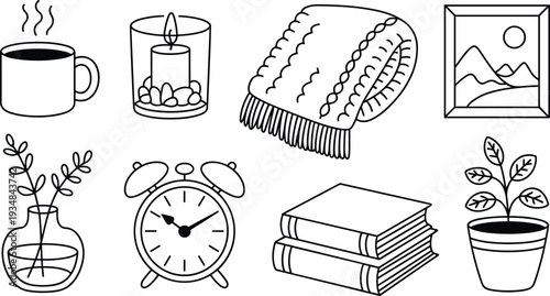 Cozy home outline icons set, coffee candle blanket books and decor line art vector illustration isolated background